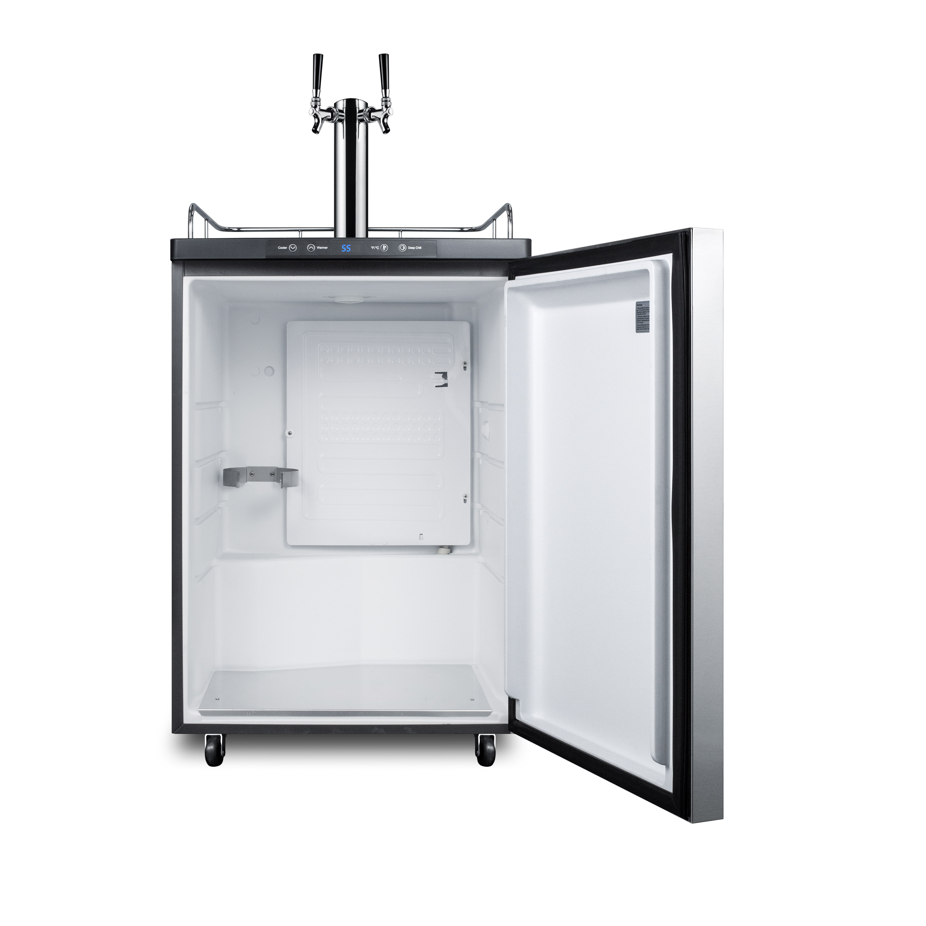 Freestanding dual tap residential beer dispenser, auto defrost w/digital thermostat, SS wrapped door, horizontal handle, and black cabinet
